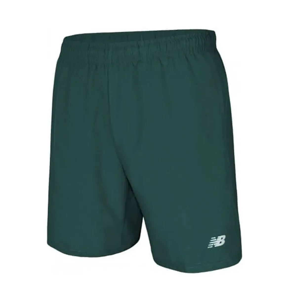 Vista lateral da bermuda esportiva masculina New Balance verde com logo branco